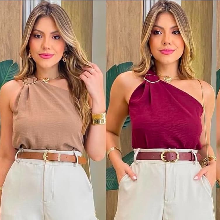 KIT Com 2 Blusas Feminina Um Obro Só Manga Mula Manca JASMIM Com Fivela Dourada Elegante Casual , Básica Verão.