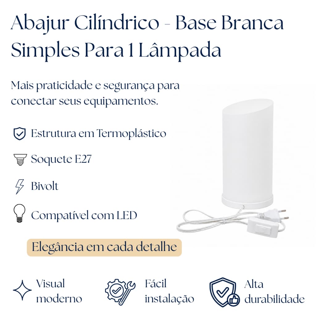 Abajur De Mesa Cilíndrico Com Base Branca Soquete E27 Bivolt Branco Preto Azul Rosa Quarto Mesa