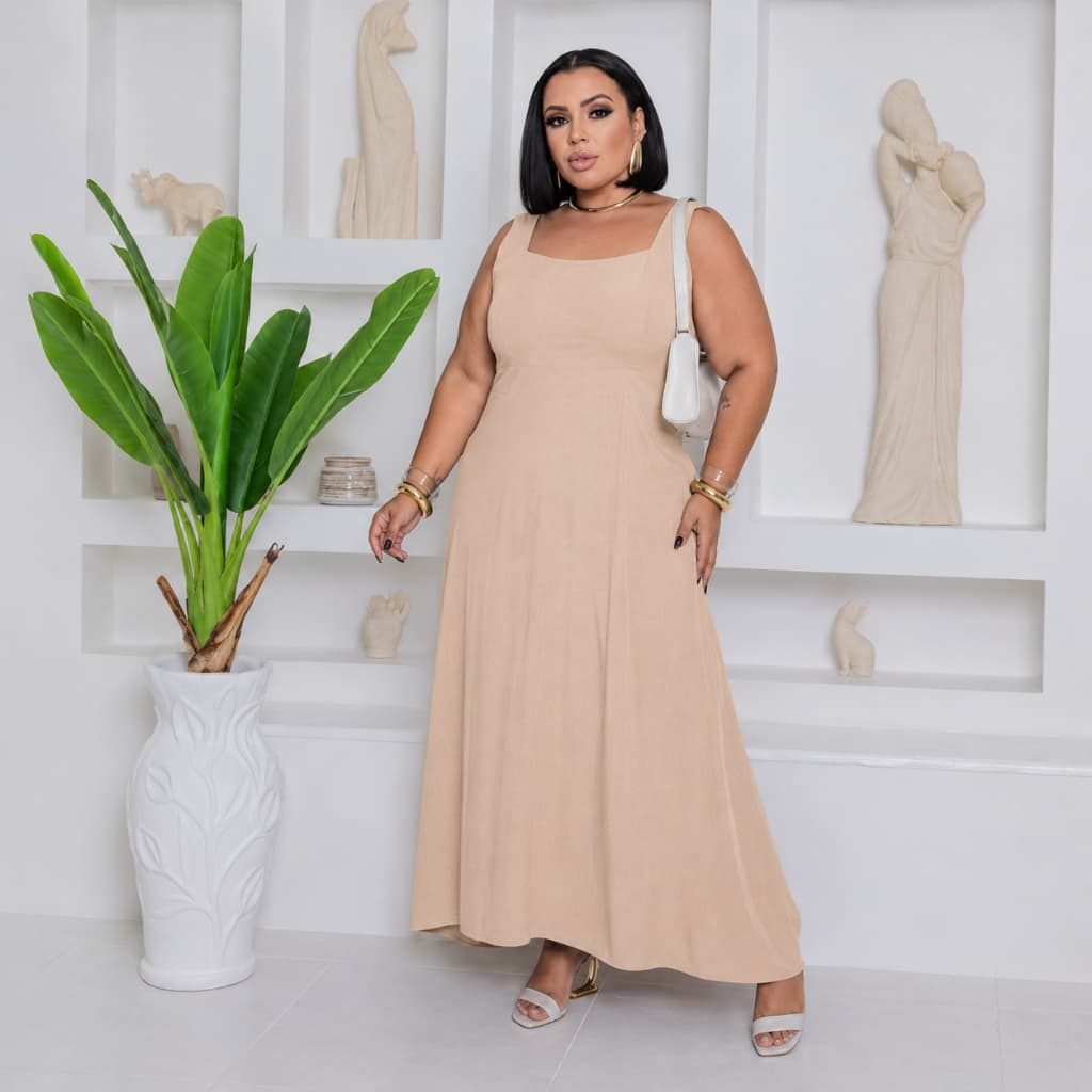 Vestido Feminino Longo Plus Size Liso Elegancia G/GG/G1