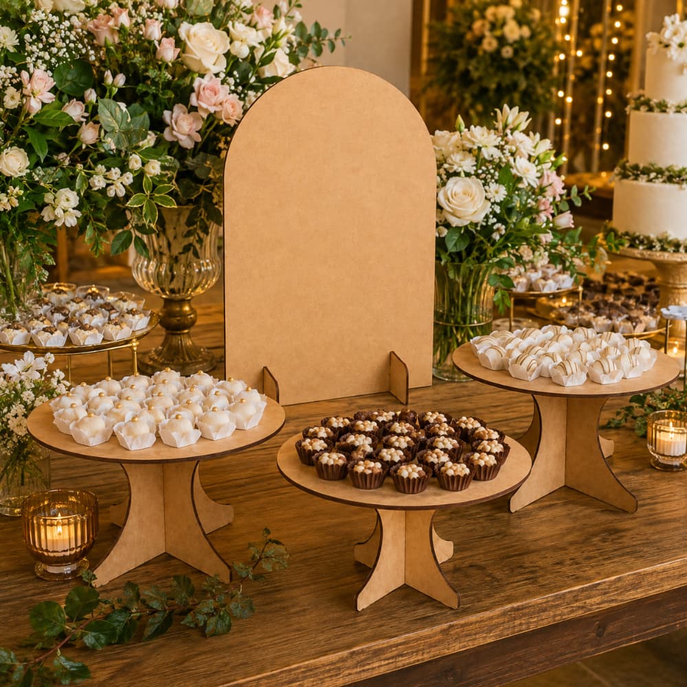 Kit Pegue E Monte Para Decoração De Festa Em MDF Cru Com Painel Romano E Trio De Boleiras Redondas