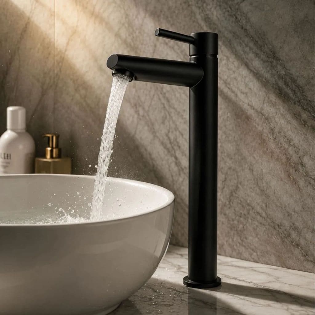 Torneira de Banheiro Bica Alta Cuba de Apoio Preto Fosco Bancada Mesa Inox Preta Fosca Água Fria Torneira Banheiro
