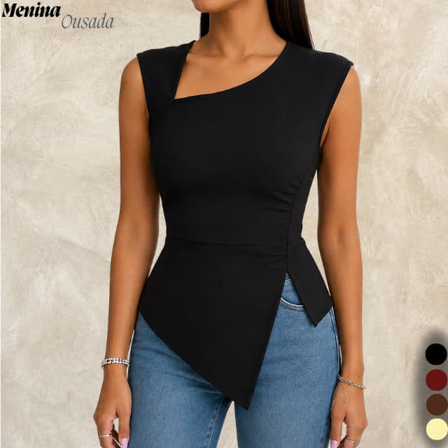 Blusa Elegante Feminina Estilosa Ombro assimétrico  Moda Gringa Verão Drapeada fenda lateral Blusinha