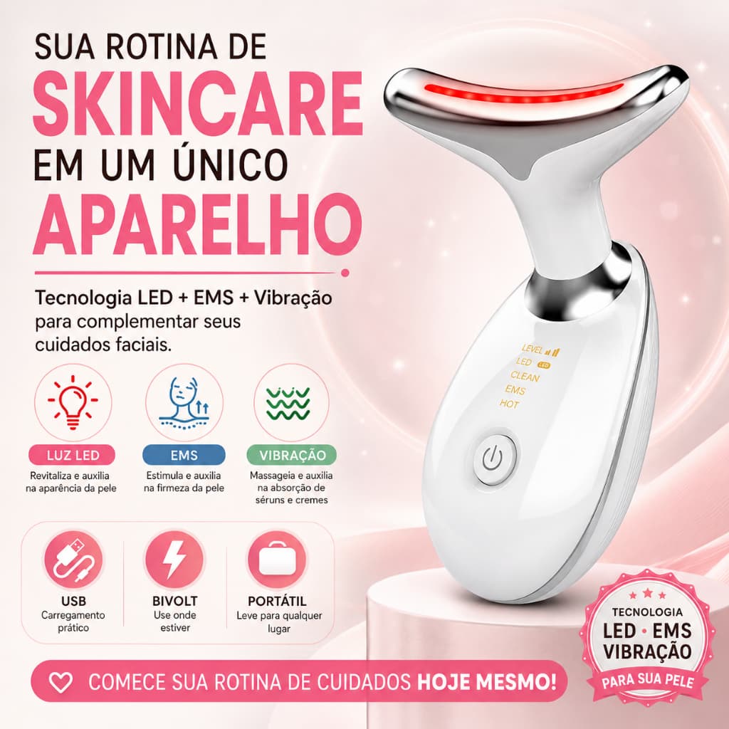 Massageador Facial LED EMS Bivolt Rejuvenescimento Anti Rugas Flacidez Lifting USB Tratamento Facial