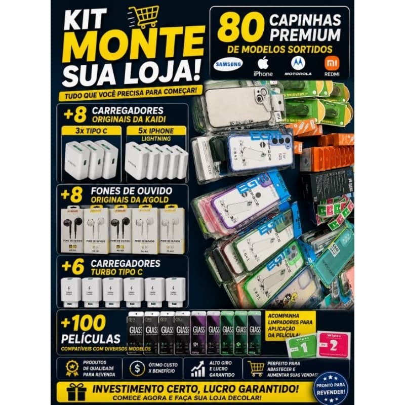 🔥 Kit Monte Sua Loja | 80 Capinhas + 100 Películas + 22 Acessórios | Revenda e Lucre