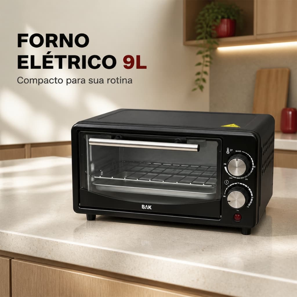 Forno Elétrico 9 Litros 220V de Bancada com Timer de 60 Min Controle de Temperatura de 60°C a 230°C Assadeira e Grelha