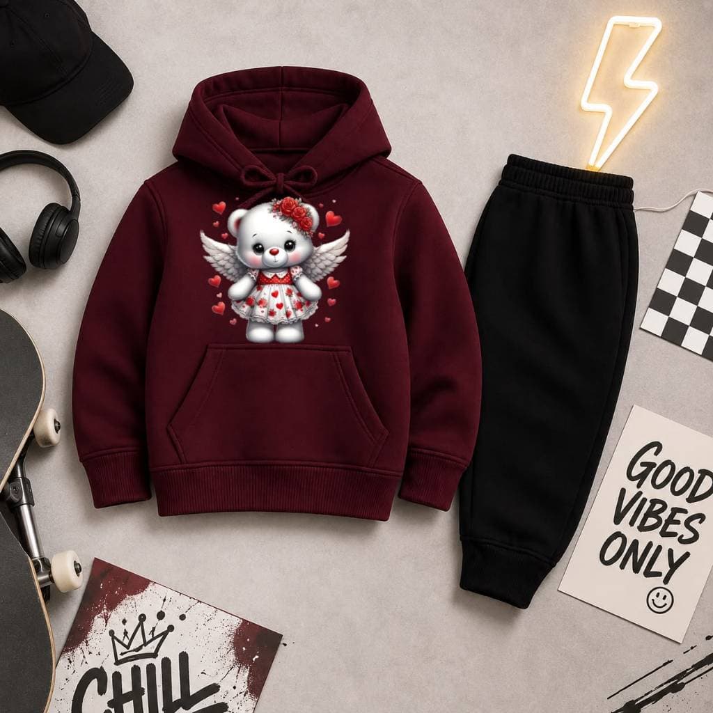 Conjunto Canguru Infantil Inverno Moletom Flanelado Ursinha Corações Assas Confortável com Capuz e Bolso Frontal