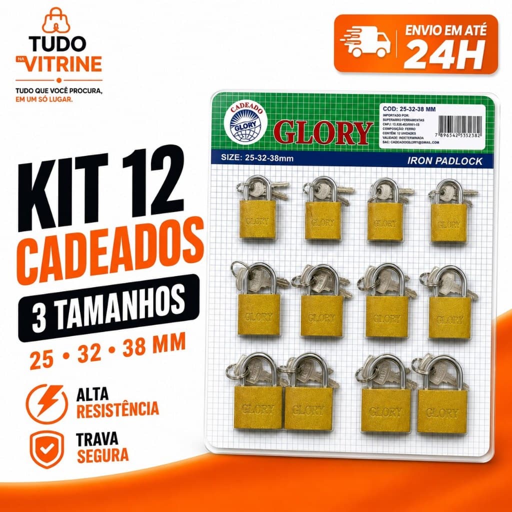 Kit Cartela 12 Cadeados com Chaves 3 Tamanhos 25 32 e 38mm