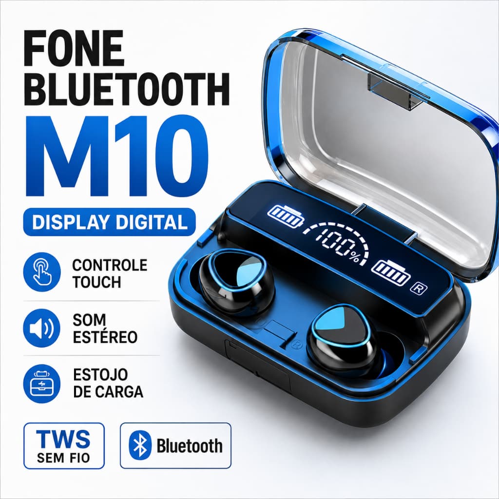 Fone M10 de Ouvido Bluetooth TWS Gamer com Display Digital, Estojo de Carregamento e Controle Touch