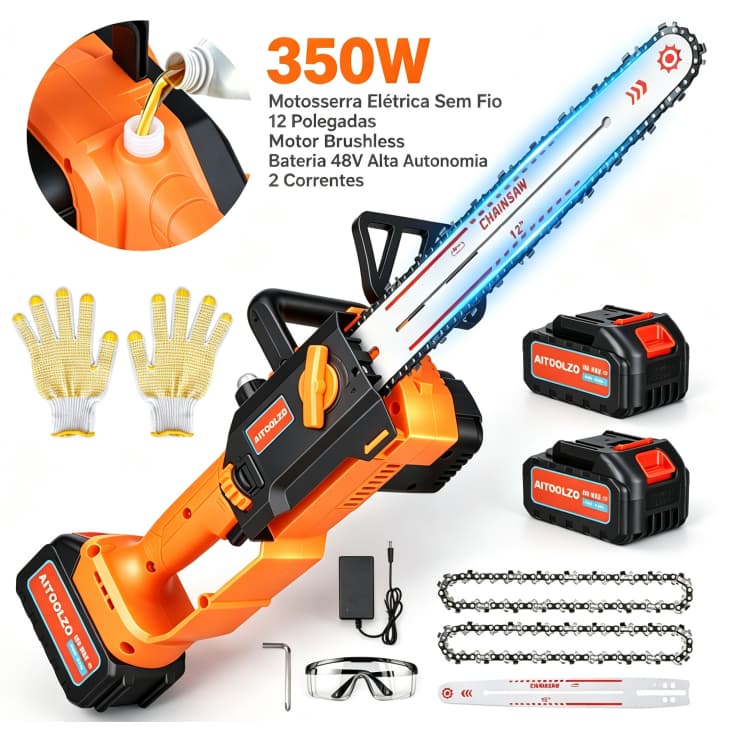 350W Motosserra Elétrica Sem Fio 12 Polegadas Motor Brushless  Bateria 48V Alta Autonomia 2 Correntes