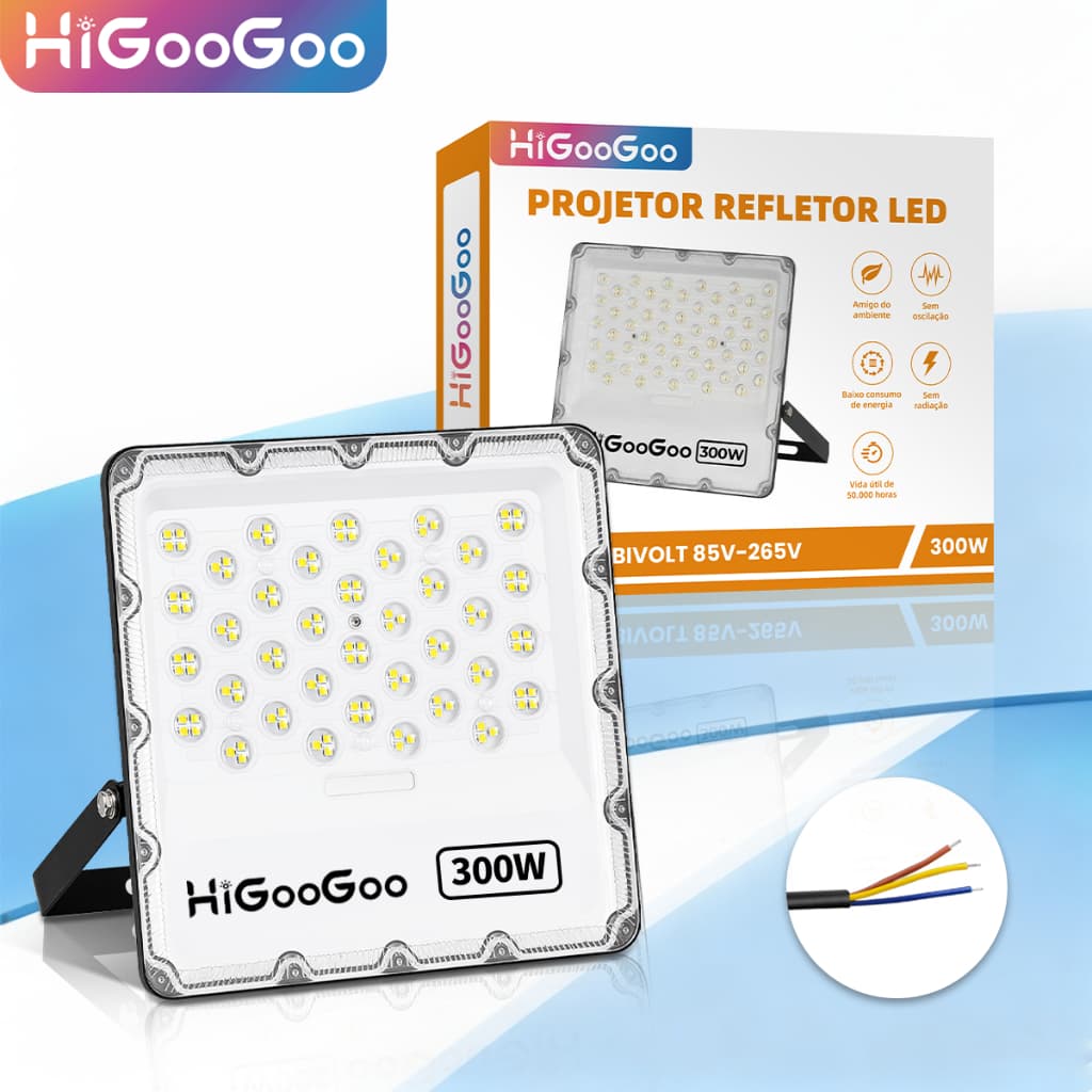 Refletor LED 100W/200W/300W HiGooGoo IP66 Bivolt Luz Externa Jardim Garagem Fachada Alta Potência Econômico