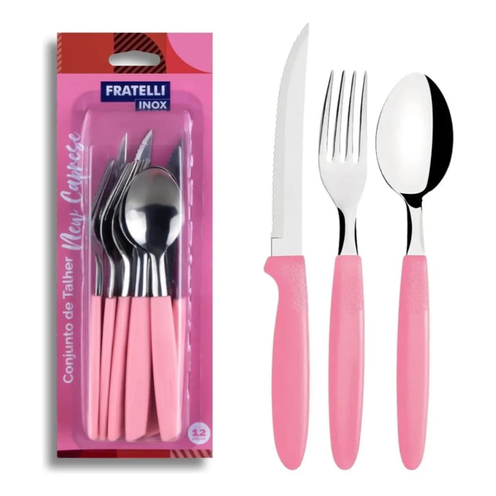 Faqueiro 12 Peças Aço Inox Rosa Jogo de Talheres Completo Garfo Faca Colher Mesa Posta Cozinha