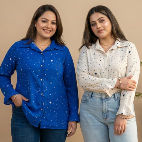 Camisa Feminina Estampada Estrelas Manga Longa Botão Social Casual Elegante Azul e Off White