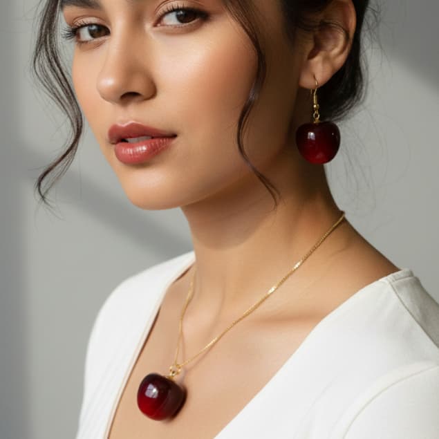 Conjunto Colar e Brincos Cereja Feminino Grande | Folheado a Ouro 18K Y2K Fashion Estiloso Semijoia