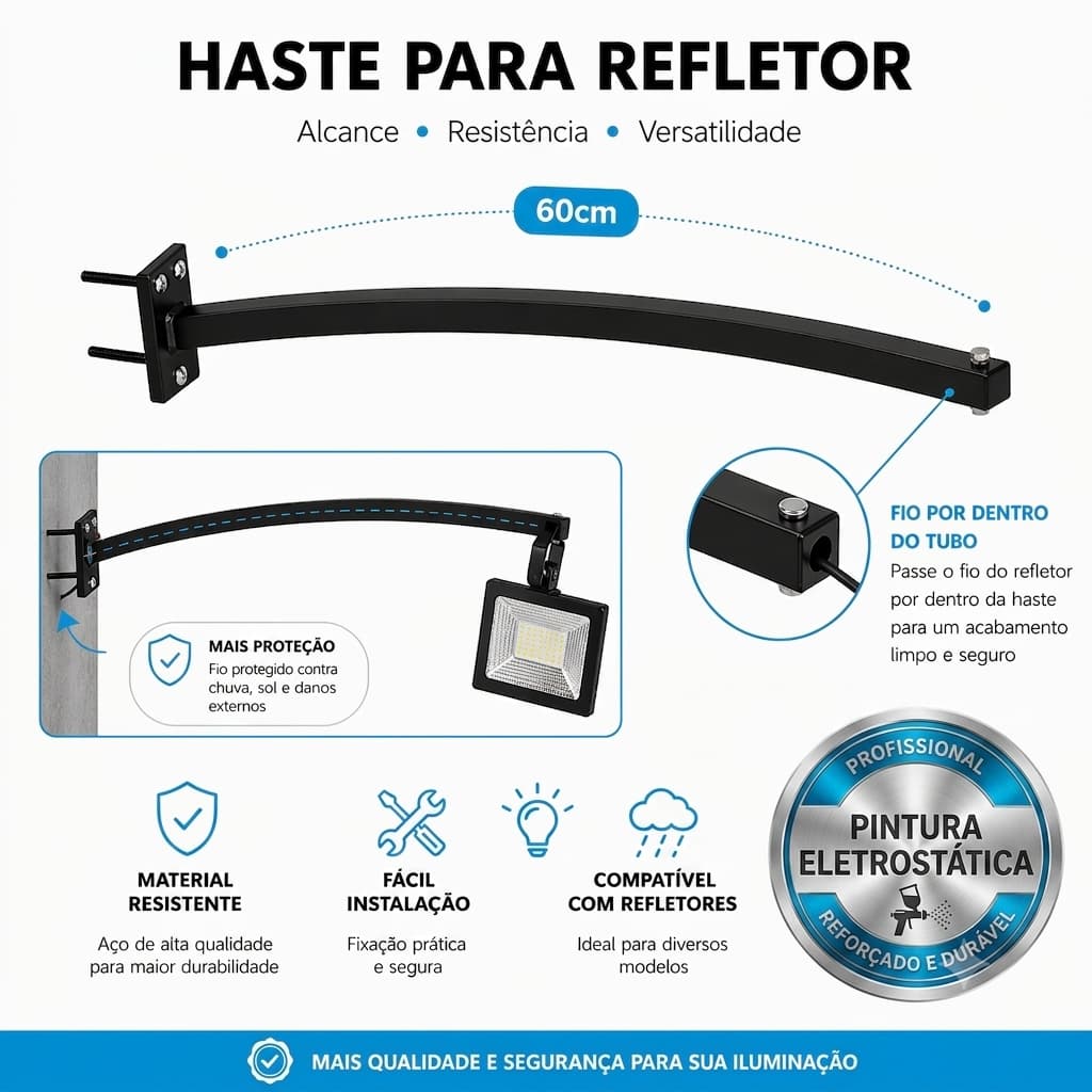 Suporte para Refletor LED 60cm | Suporte Metálico Reforçado com Parafusos e Buchas