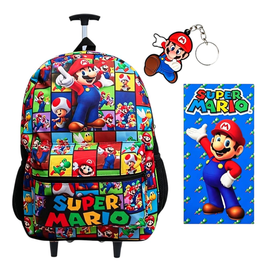 Mochila Rodinha Infantil Juvenil Mario -Toalha e Chaveiro