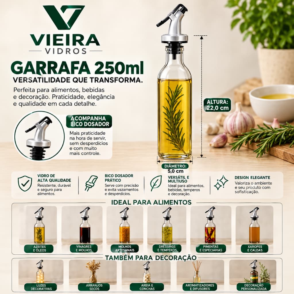 Kit 02/04UN Garrafas de 250ml - Vinagre, Azeite e Licor Artesanais.