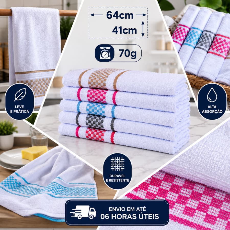 Kit 5/10 Panos de Copa Felpudos 100% Algodão 41x64cm Pano de Prato Alta Absorção Cozinha