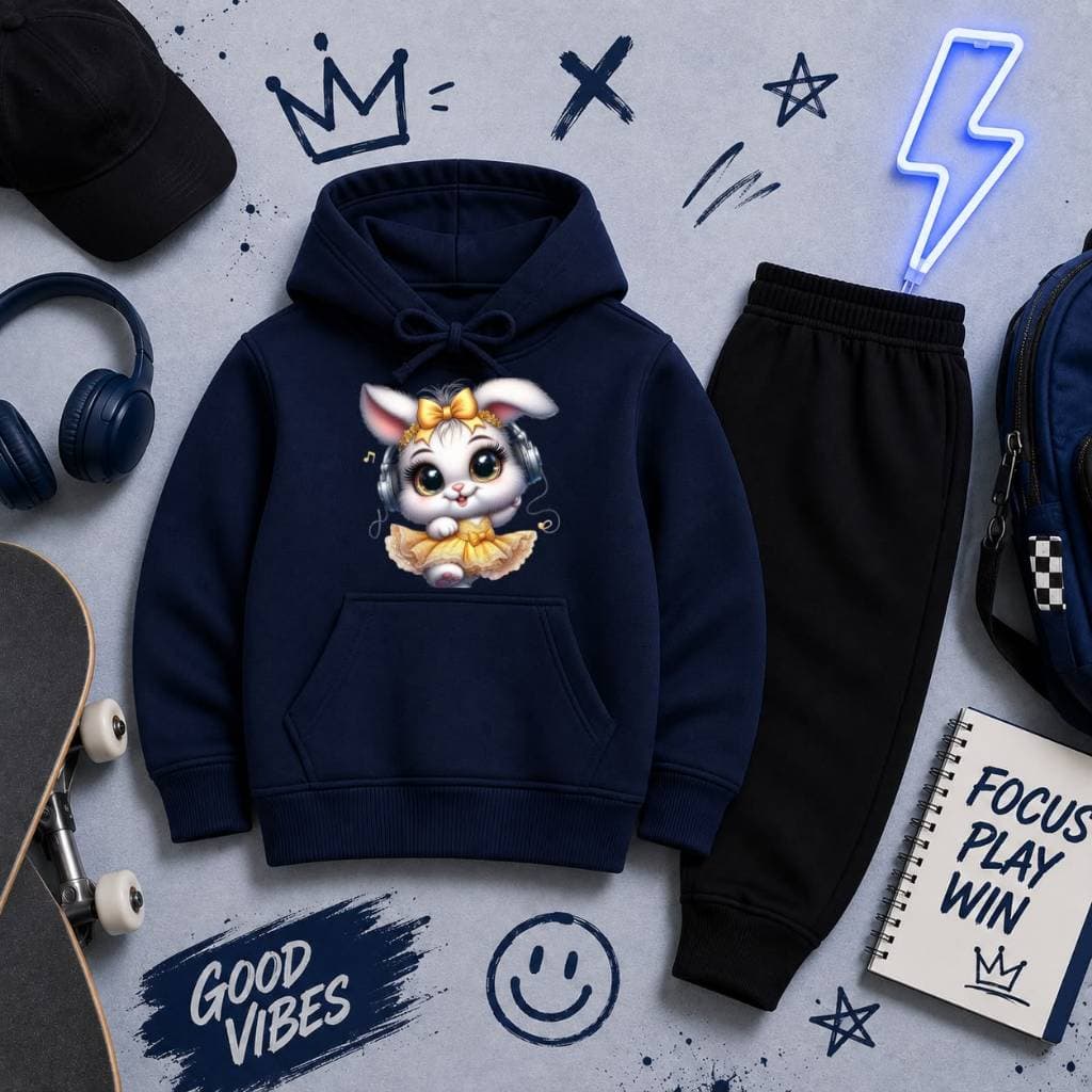 Conjunto Moletom Infantil Canguru com Capuz Calça Confortável Ideal para Dias Frios e Inverno Estampa de Coelha Fofa