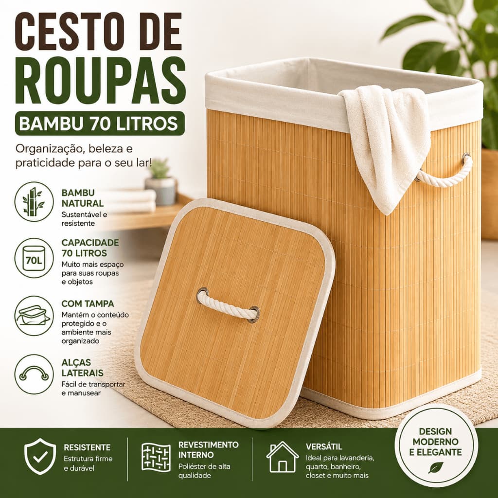 Cesto de Roupas em Bambu 70L com Tampa e Alças Organizador Lavanderia Banheiro Quarto