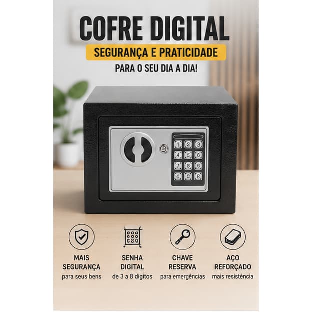 Cofre Digital Eletrônico com Senha e Chave Reserva Aço Reforçado Cofre de Segurança para Dinheiro Documentos e Joias