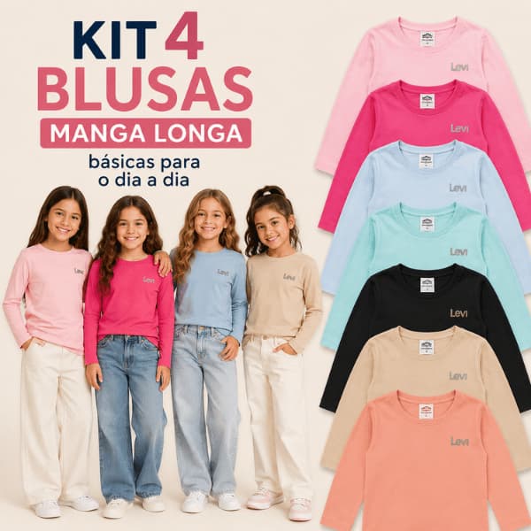 Kit 4 Blusas Manga Longa Menina Lisas inverno Cores Sortidas Básicas Dia a Dia