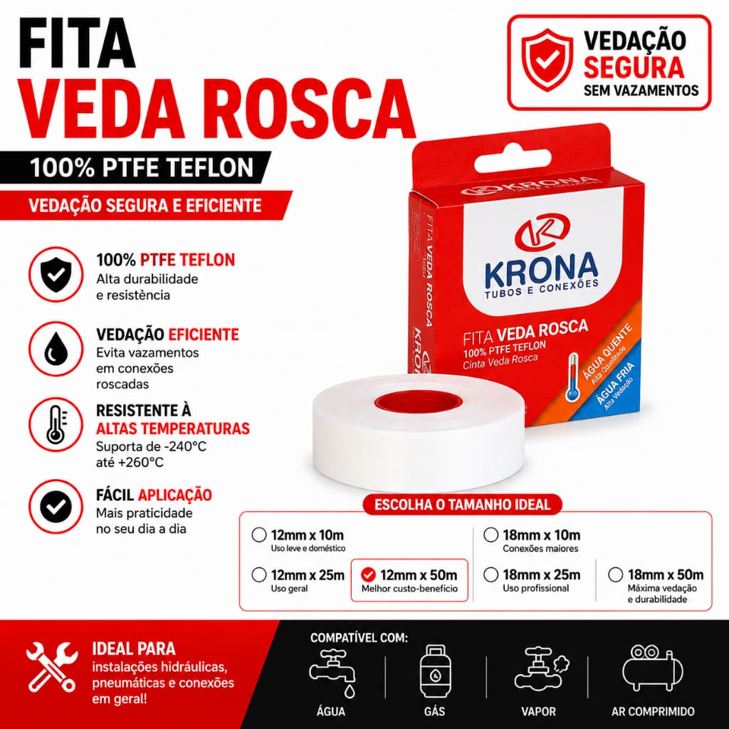 fita veda rosca teflon Krona 12mm x 10m / 12mm x 25m / 12mm x 50m / 18mm x 10m  / 18mm x 25m  /18mm x 50m