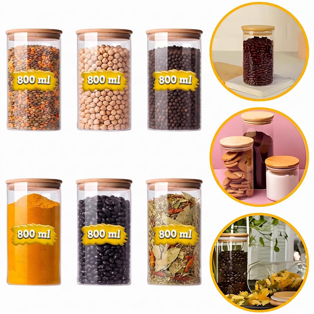 6 Potes De Vidro Herméticos 800ml  Tampa De Bambu Frasco Organizador Mantimentos