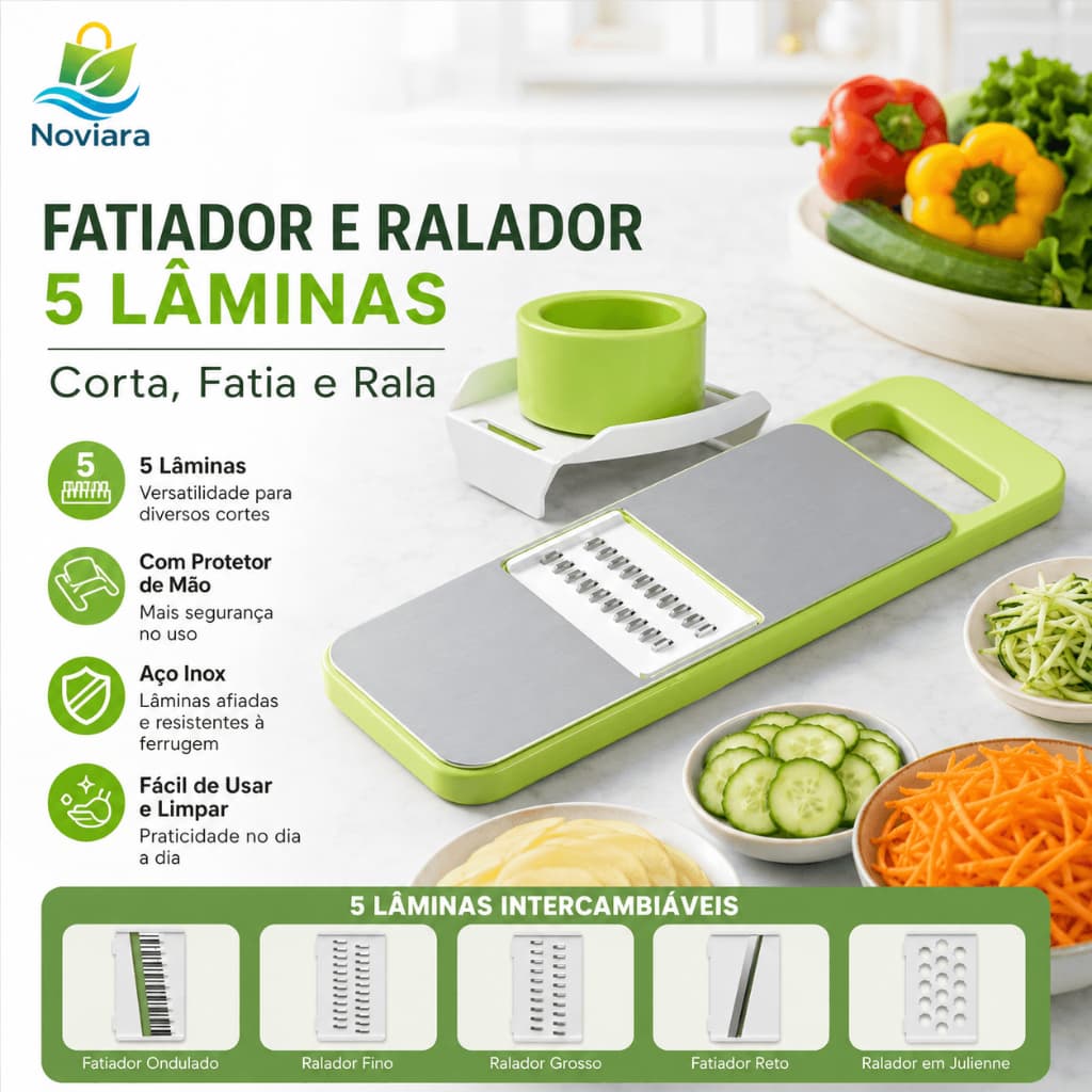 Cortador de Legumes Mandoline 5 em 1, Fatiador e Ralador com 5 Lâminas Inox e Protetor para Frutas e Verduras