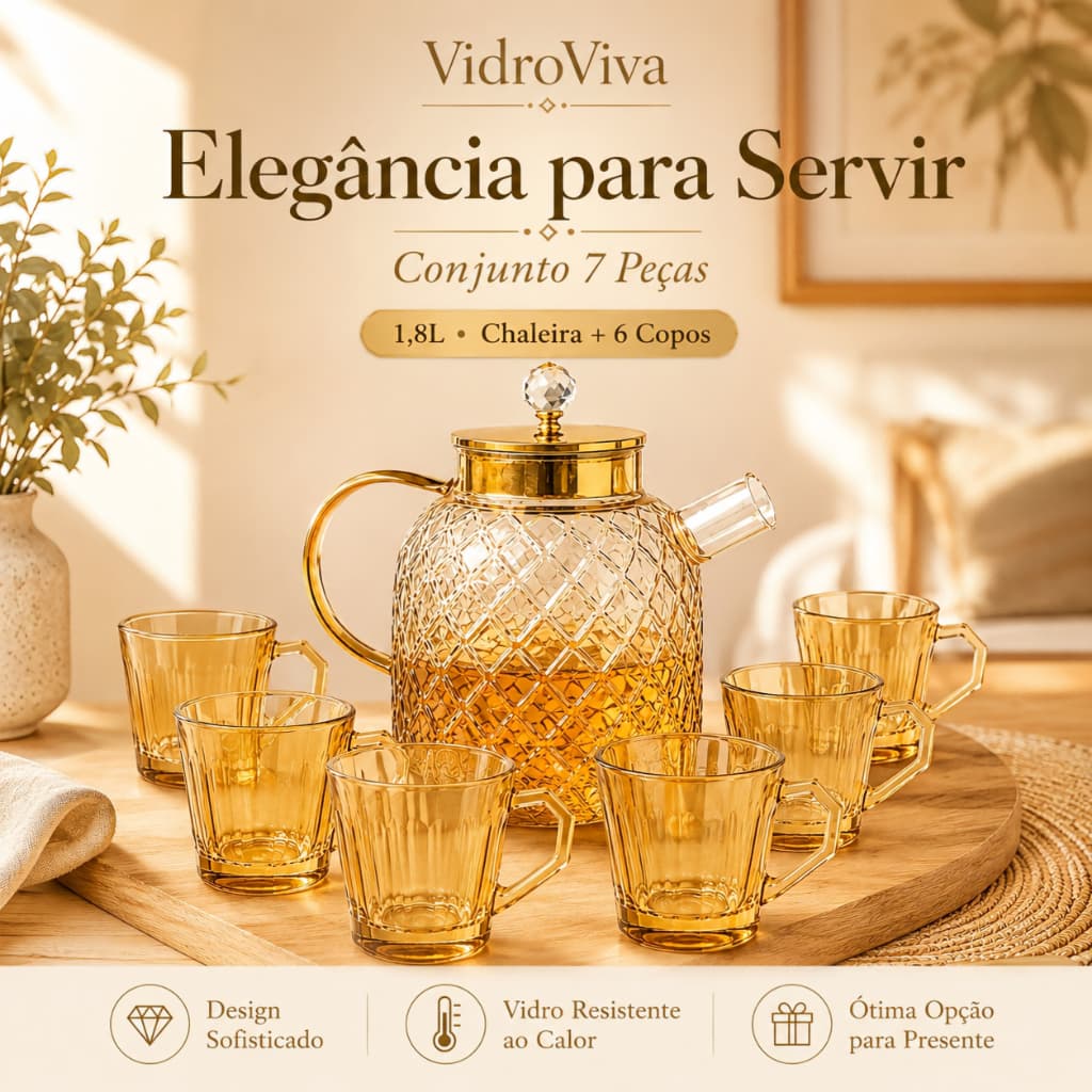VidroViva Jogo de Chá 7 Peças em Vidro Âmbar – Chaleira 1,8L com Filtro Inox + 6 Xícaras 200ml