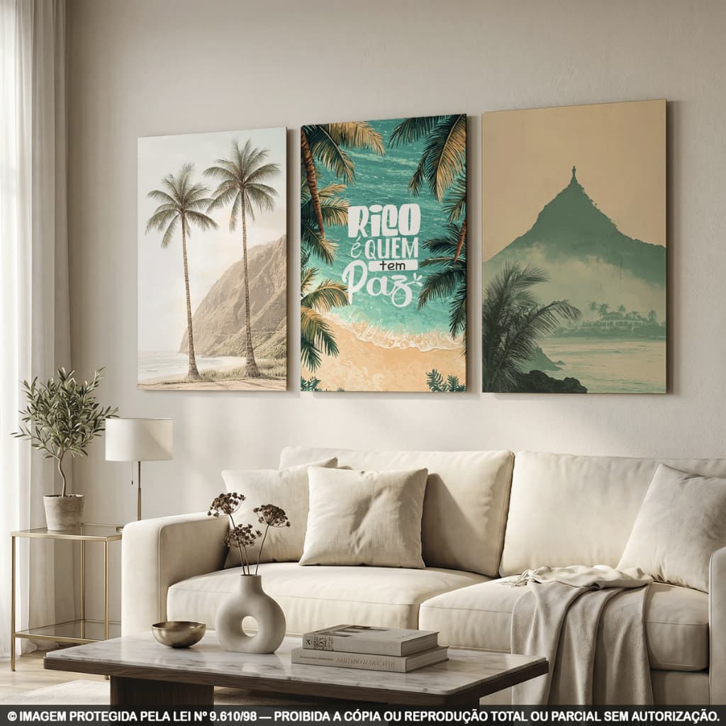 Quadros Decorativos Praia Tropical Coqueiros Mar Paisagem Natureza Kit 3 Peças Sala Moderna Relaxante