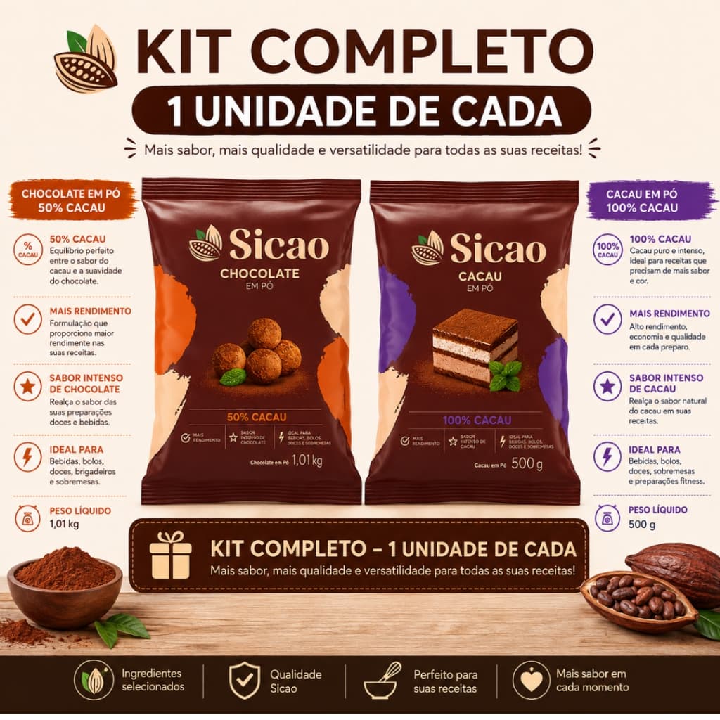 Kit Sicao Chocolate em Pó 50% 1,01kg + Cacau em Pó 100% 500g Original Confeitaria