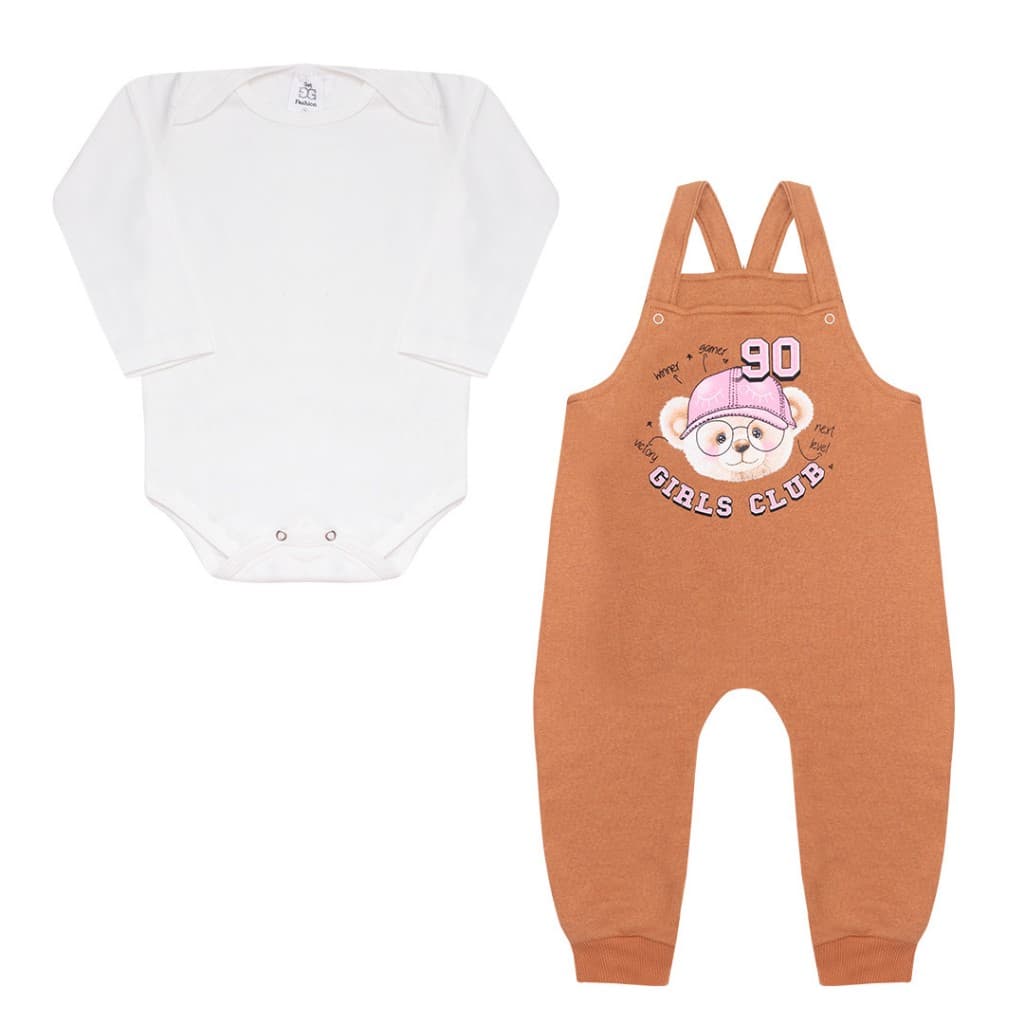 Conjunto Jardineira Menina Body Manga Longa Roupas de Bebê
