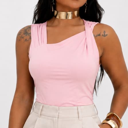 Blusa Feminina Regata Estilosa KAROL Drapeado no Ombro No Suplex  Elegante Casual.