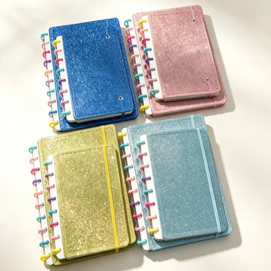 Caderno de disco  de Disco Glitter Fichário Argolado Planner Aesthetic com Elástico