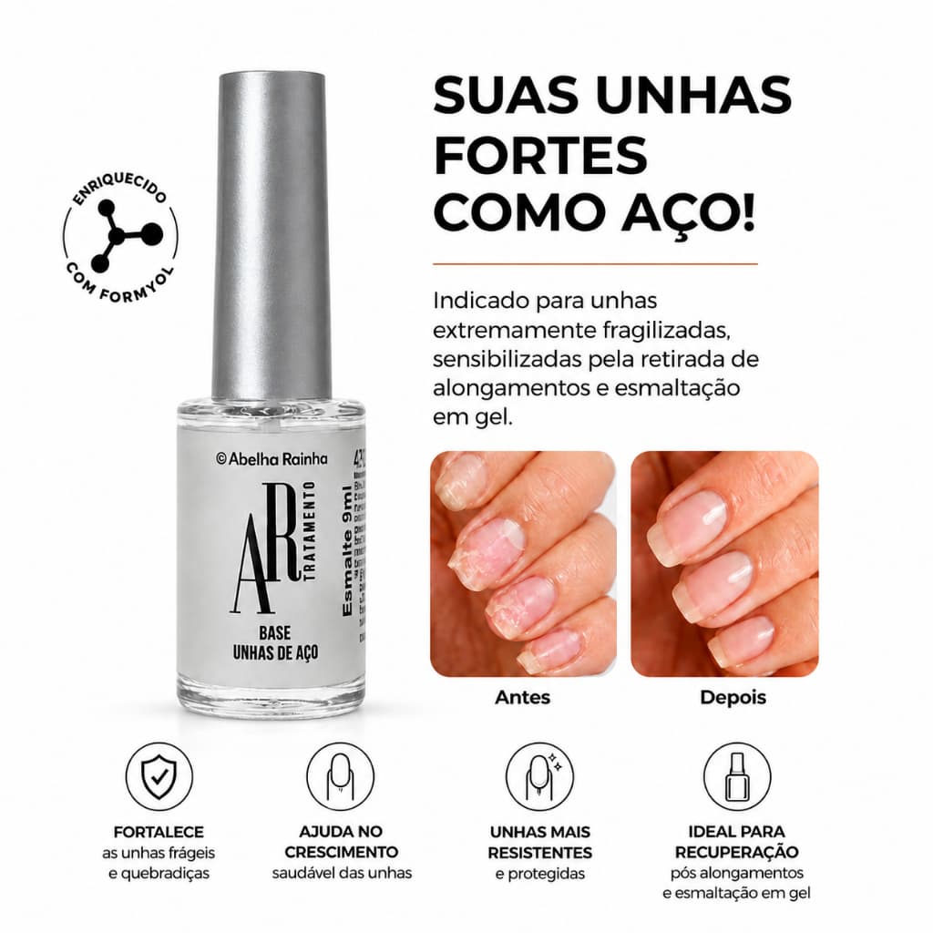 Base Fortalecedora Unhas De Aço Com Formol Para Unhas Frágeis E Quebradiças 9ml Abelha Rainha