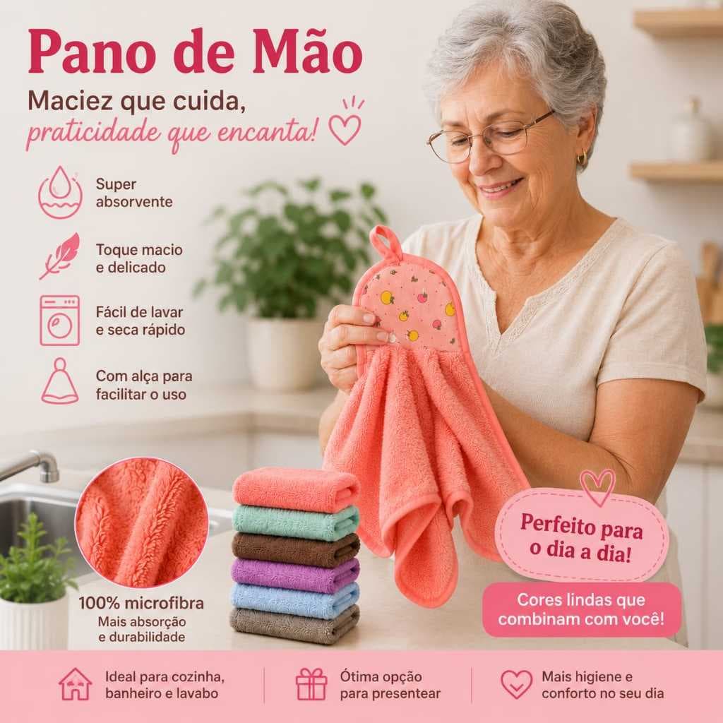 Kit Toalha de Mão Bate Mão Multiuso com alça macio absorvente. Pano de secar e limpeza de pendurar p/ cozinha microfibra