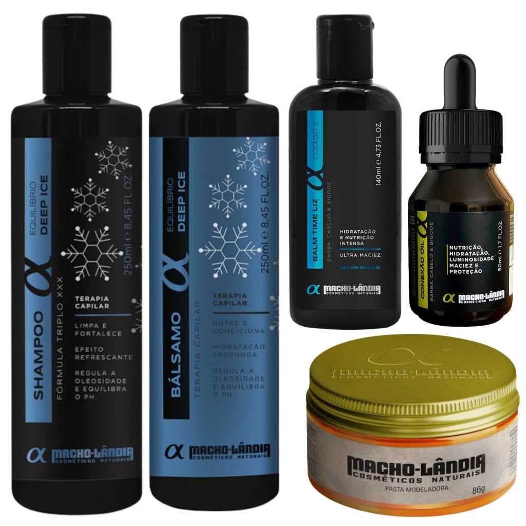 Kit Completo Barba e Cabelo Macho Lândia Deep Ice Shampoo Bálsamo Balm Óleo e Pomada Pasta Fix Hidratação Fixação Forte
