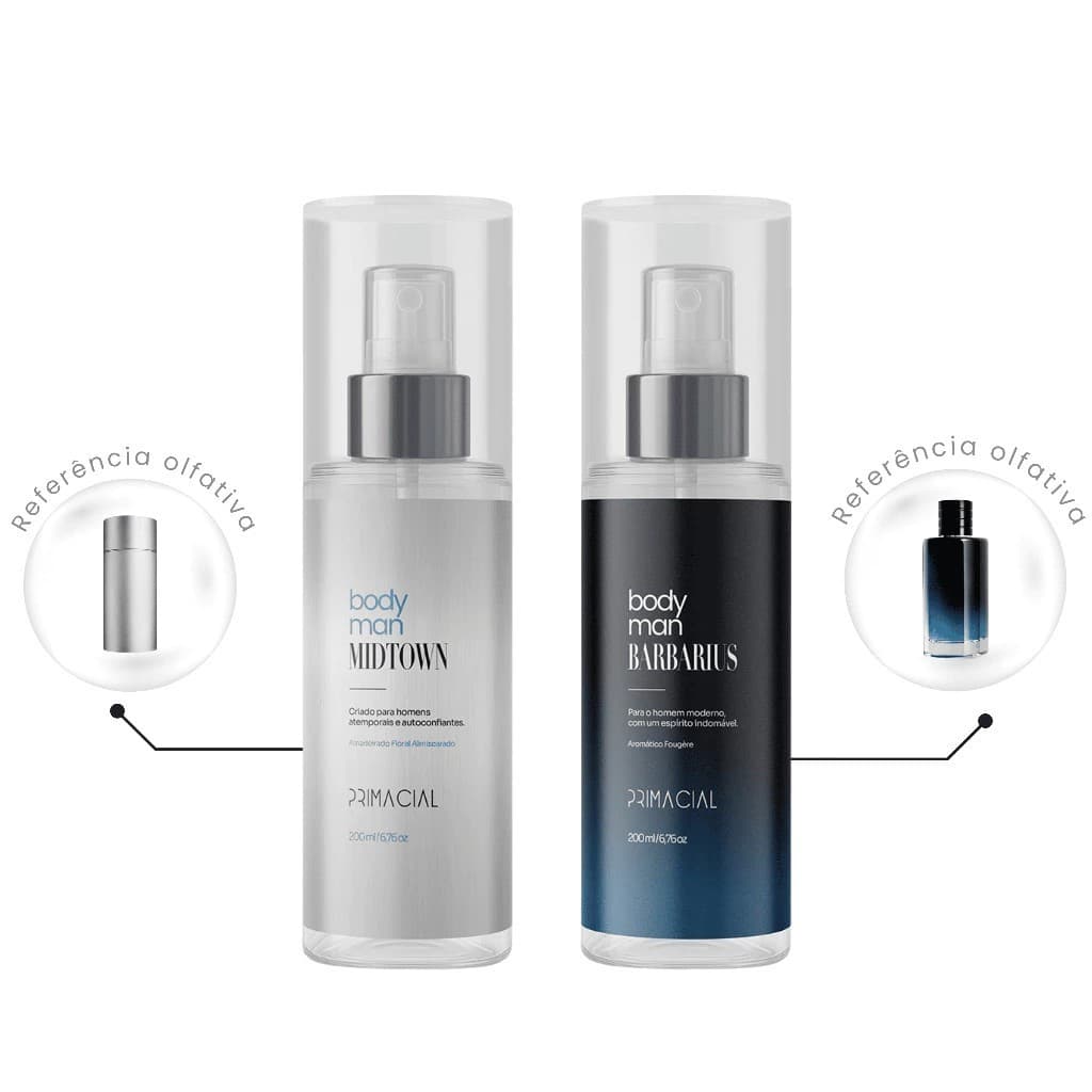 KIT 02 BODY SPLASH MASCULINO BARBARIUS E MIDTOWN 200ML - PRIMACIAL PERFUME FRESCO AMADEIRADO