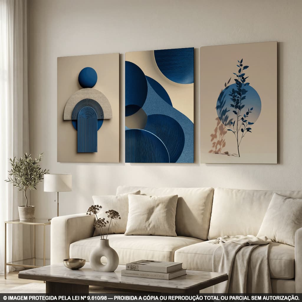 Quadros Decorativos Abstrato Geométrico Azul Bege Moderno Minimalista Kit 3 Peças