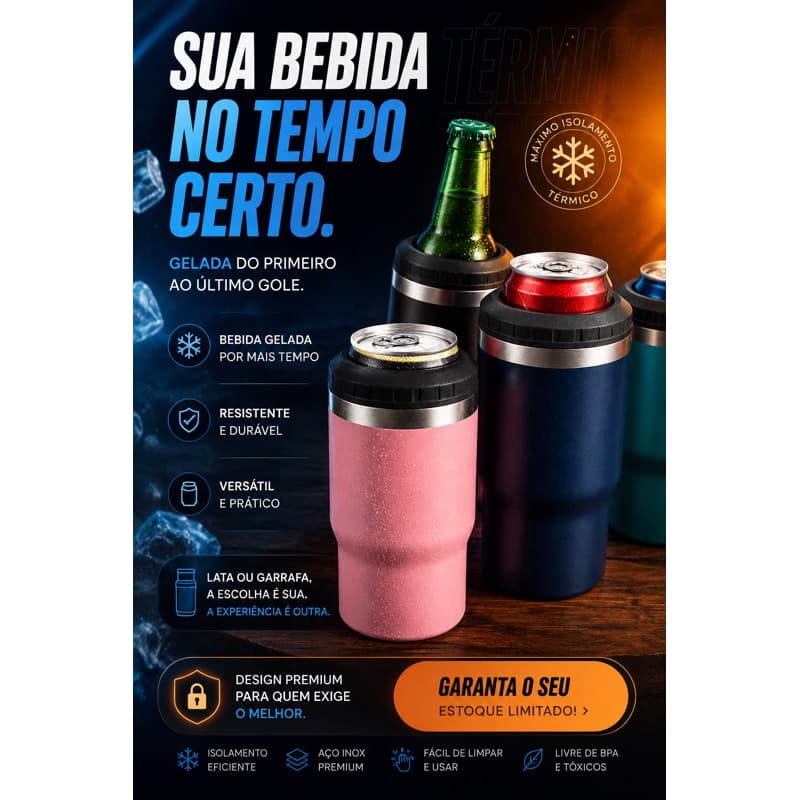 Copo Térmico Aço Inox para Long Neck e Lata | Mantém a Bebida Gelada por Horas | Porta Lata Térmico Premium