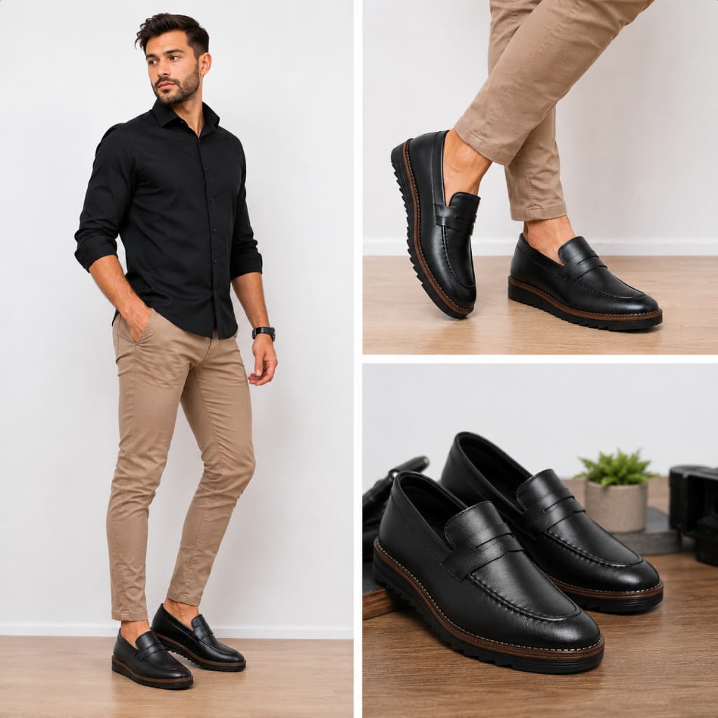 Sapato casual social masculino preto modelo calce facil oxford