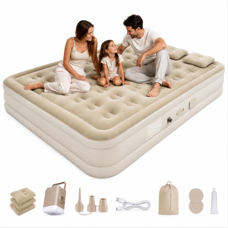 Cama Inflável Queen Premium com Bomba de Ar Portátil, Colchão Inflável Reforçado, Fácil de Montar e Guardar