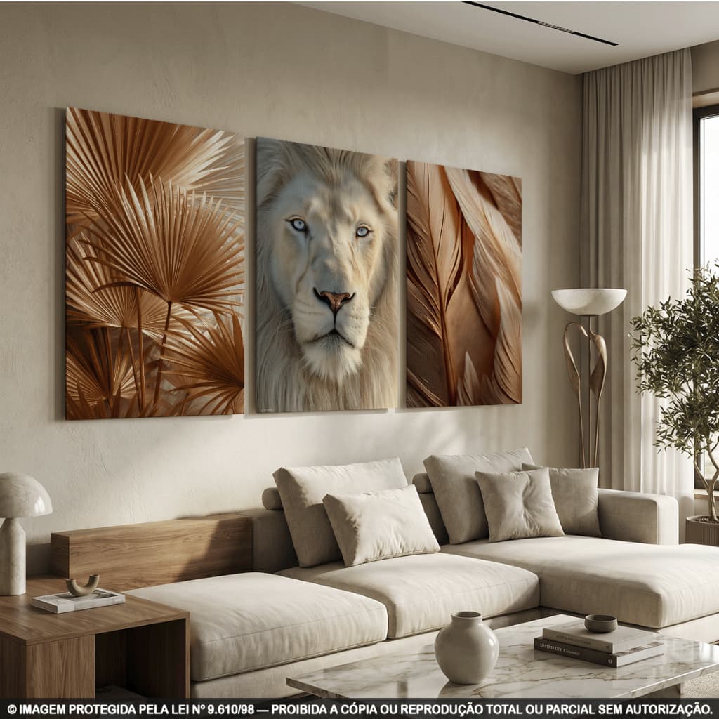 Kit 3 Quadros Decorativos Leão Branco com Folhagens Douradas – Arte Luxuosa em Tons Bege e Dourado para Sala, Quarto