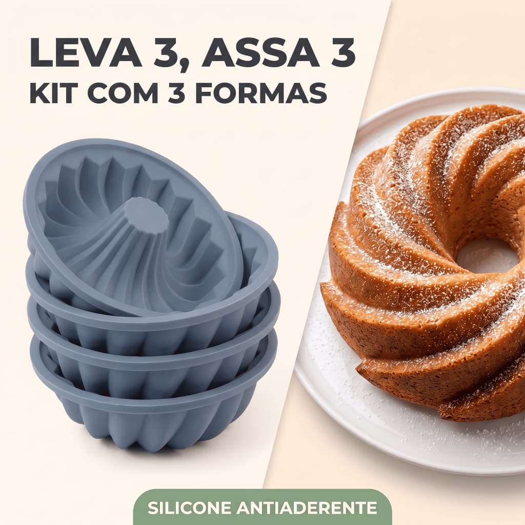 Kit 03 Formas de Silicone para Bolo Pudim Gelatina Antiaderente Redonda Flexível Assadeira Forma de Bolo Cor Sortida
