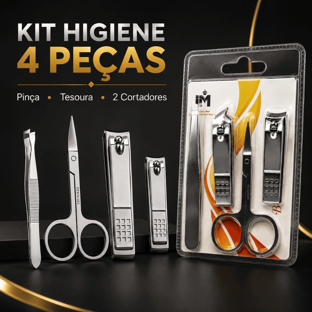 Kit Manicure 4 Peças Aço Inox Pinça Tesourinha e Cortador de Unha Grande e Pequeno