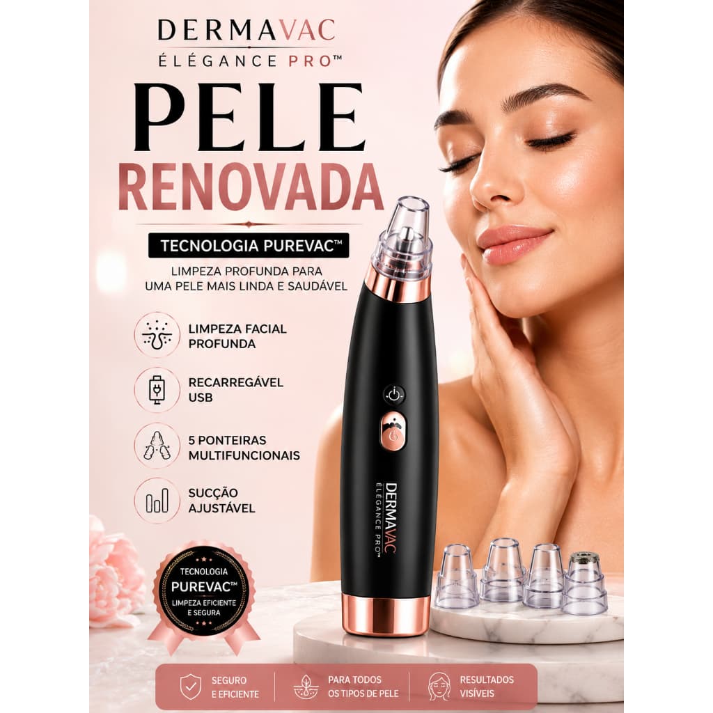 Removedor de Cravos a Vácuo Recarregável USB Dermavac Élégance Pro™ Limpeza Facial Profunda 5 Ponteiras