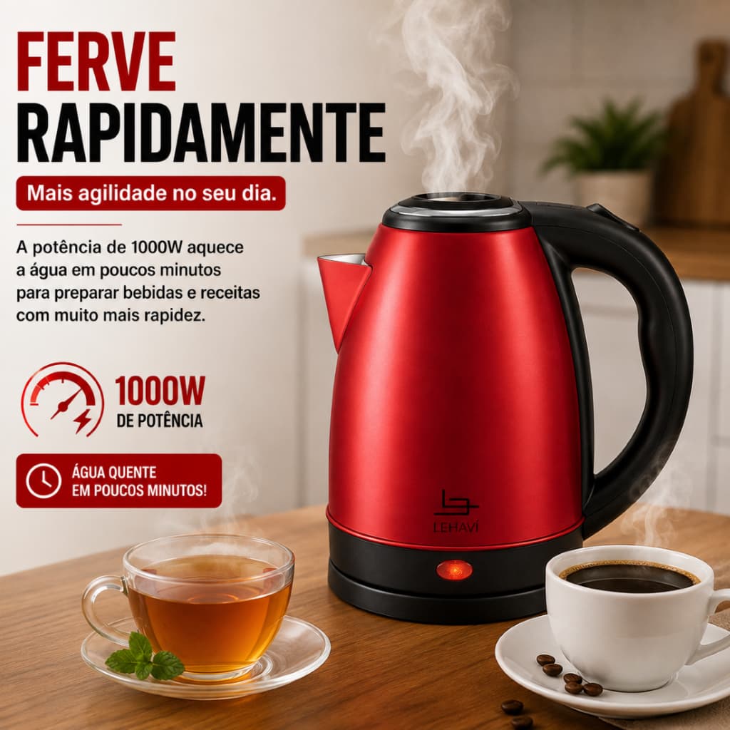 Chaleira Elétrica Inox 1,8 Litros 1000W 220V com Desligamento Automático Vermelha