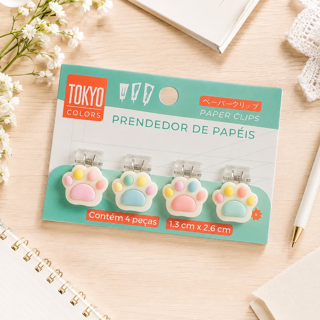 Prendedor De Papéis Decorativo Fofo Tokyo Colors Kit Com 4 Clips Papelaria Cute