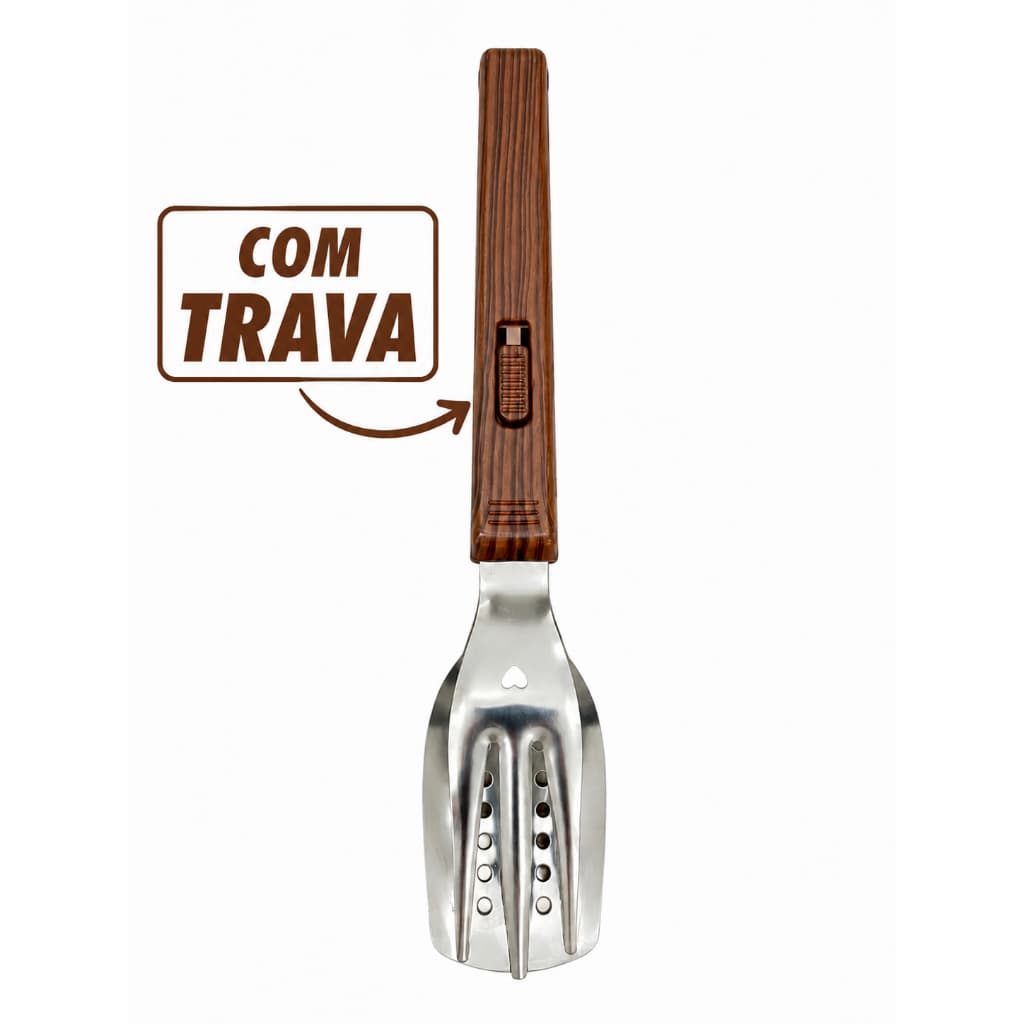 Pegador de Alimentos Inox com Trava | Pinça de Cozinha com Cabo Amadeirado