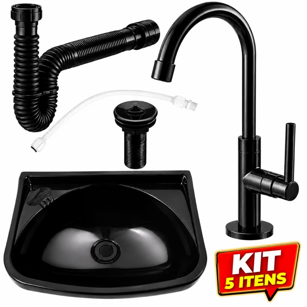 Kit Pia Lavatório Banheiro Preto Luxo Completo Torneira Lavabo Sifão Universal Válvula Lavatório Engate Flexível 40cm